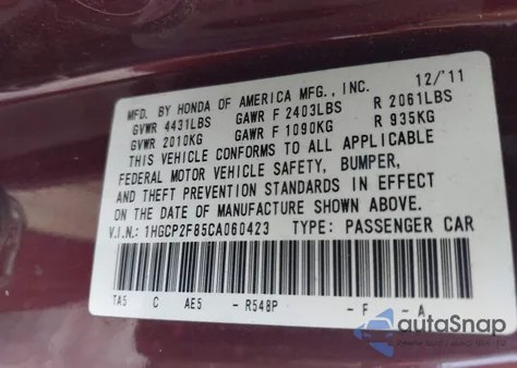 2012 Honda Accord 2.4 Ex-L z USA, uszkodzony, nr VIN 1HGCP2F85CA060423